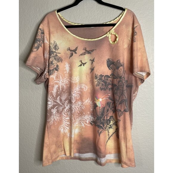 Vintage Womens Y2K One World 2X Top Blouse Satin Trim Birds Boho Floral Romantic - Picture 1 of 8